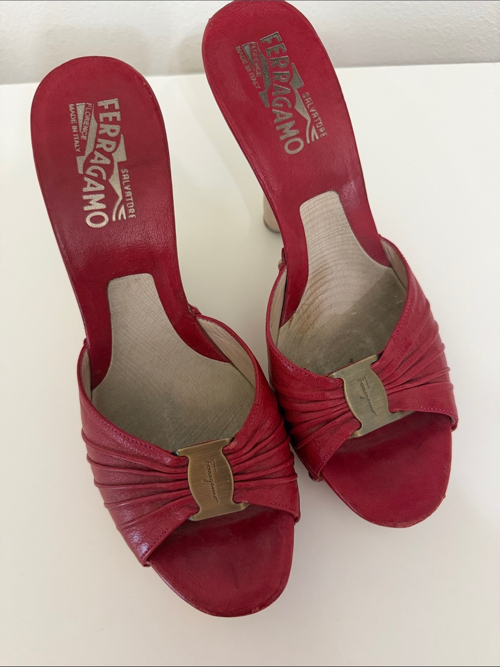 Salvatore Ferragamo Red Leather Open-Toe Mules with Logo Accent